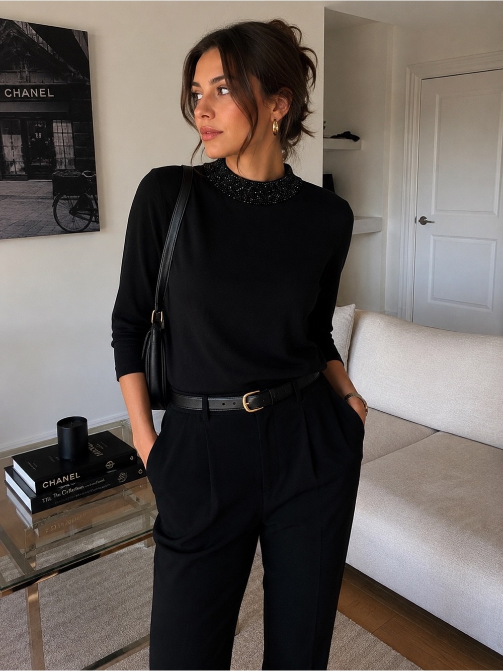 Talbots Black Beaded Mock Neck Sweater Top Large Classic Elegant Holiday Party